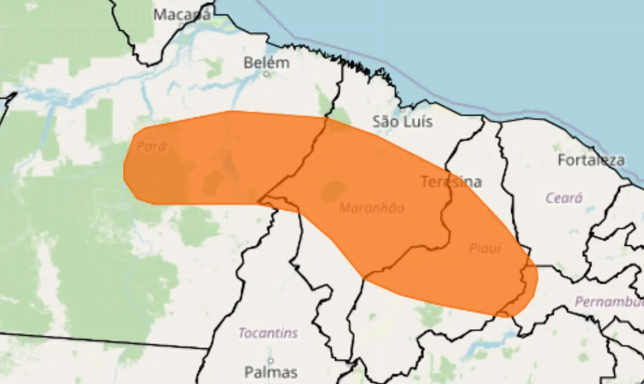 A imagem mostra às áreas em alerta laranja para chuva intensa e ventania em partes do Norte e Nordeste
